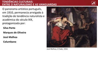 TENDÊNCIAS CULTURAIS:
ENTRE O NATURALISMO E AS VANGUARDAS
Silva Porto
Marques de Oliveira
José Malhoa
Columbano
O panorama artístico português,
em 1910, permanecia arreigado à
tradição de tendência naturalista e
académica do século XIX,
protagonizada por:
José Malhoa, O Fado, 1910.
 