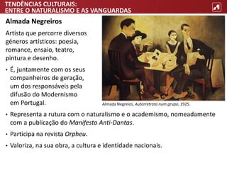 TENDÊNCIAS CULTURAIS:
ENTRE O NATURALISMO E AS VANGUARDAS
Almada Negreiros
Artista que percorre diversos
géneros artísticos: poesia,
romance, ensaio, teatro,
pintura e desenho.
• É, juntamente com os seus
companheiros de geração,
um dos responsáveis pela
difusão do Modernismo
em Portugal.
• Representa a rutura com o naturalismo e o academismo, nomeadamente
com a publicação do Manifesto Anti-Dantas.
• Participa na revista Orpheu.
• Valoriza, na sua obra, a cultura e identidade nacionais.
Almada Negreios, Autorretrato num grupo, 1925.
 