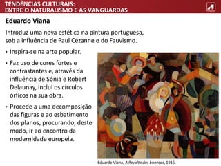 TENDÊNCIAS CULTURAIS:
ENTRE O NATURALISMO E AS VANGUARDAS
Eduardo Viana
Introduz uma nova estética na pintura portuguesa,
sob a influência de Paul Cézanne e do Fauvismo.
• Inspira-se na arte popular.
• Faz uso de cores fortes e
contrastantes e, através da
influência de Sónia e Robert
Delaunay, inclui os círculos
órficos na sua obra.
• Procede a uma decomposição
das figuras e ao esbatimento
dos planos, procurando, deste
modo, ir ao encontro da
modernidade europeia.
Eduardo Viana, A Revolta das bonecas, 1916.
 