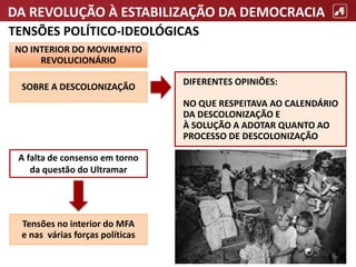 DA REVOLUÇÃO À ESTABILIZAÇÃO DA DEMOCRACIA
TENSÕES POLÍTICO-IDEOLÓGICAS
NO INTERIOR DO MOVIMENTO
REVOLUCIONÁRIO
SOBRE A DESCOLONIZAÇÃO
DIFERENTES OPINIÕES:
NO QUE RESPEITAVA AO CALENDÁRIO
DA DESCOLONIZAÇÃO E
À SOLUÇÃO A ADOTAR QUANTO AO
PROCESSO DE DESCOLONIZAÇÃO
A falta de consenso em torno
da questão do Ultramar
Tensões no interior do MFA
e nas várias forças políticas
 