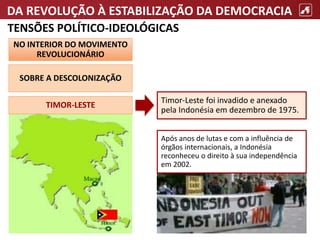 DA REVOLUÇÃO À ESTABILIZAÇÃO DA DEMOCRACIA
TENSÕES POLÍTICO-IDEOLÓGICAS
NO INTERIOR DO MOVIMENTO
REVOLUCIONÁRIO
SOBRE A DESCOLONIZAÇÃO
Timor-Leste foi invadido e anexado
pela Indonésia em dezembro de 1975.
TIMOR-LESTE
Após anos de lutas e com a influência de
órgãos internacionais, a Indonésia
reconheceu o direito à sua independência
em 2002.
 