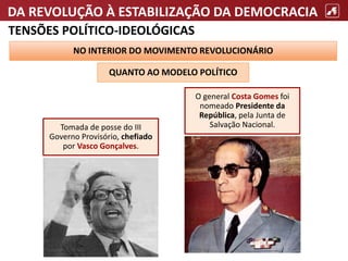 DA REVOLUÇÃO À ESTABILIZAÇÃO DA DEMOCRACIA
TENSÕES POLÍTICO-IDEOLÓGICAS
NO INTERIOR DO MOVIMENTO REVOLUCIONÁRIO
QUANTO AO MODELO POLÍTICO
Tomada de posse do III
Governo Provisório, chefiado
por Vasco Gonçalves.
O general Costa Gomes foi
nomeado Presidente da
República, pela Junta de
Salvação Nacional.
 