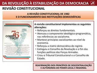 DA REVOLUÇÃO À ESTABILIZAÇÃO DA DEMOCRACIA
REVISÃO CONSTITUCIONAL
A REVISÃO CONSTITUCIONAL DE 1982
E O FUNCIONAMENTO DAS INSTITUIÇÕES DEMOCRÁTICAS
A revisão constitucional implementou as seguintes
alterações:
• Reforçou os direitos fundamentais.
• Atenuou a componente ideológico-programática,
nas referências ao socialismo.
• Manteve princípios socializantes ao nível da
economia.
• Reforçou a matriz democrática do regime.
• Extinguiu o Conselho da Revolução e o fim das
funções políticas das Forças Armadas.
• Criou o Tribunal Constitucional e o Conselho de
Estado.
REAFIRMAÇÃO DOS PRINCÍPIOS DE DESCENTRALIZAÇÃO
E AUTONOMIA DO PODER LOCAL E REGIONAL
 