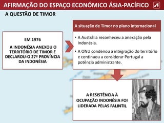 AFIRMAÇÃO DO ESPAÇO ECONÓMICO ÁSIA-PACÍFICO
A QUESTÃO DE TIMOR
EM 1976
A INDONÉSIA ANEXOU O
TERRITÓRIO DE TIMOR E
DECLAROU-O 27ª PROVÍNCIA
DA INDONÉSIA
A RESISTÊNCIA À
OCUPAÇÃO INDONÉSIA FOI
LIDERADA PELAS FALINTIL
• A Austrália reconheceu a anexação pela
Indonésia.
• A ONU condenou a integração do território
e continuou a considerar Portugal a
potência administrante.
A situação de Timor no plano internacional
 