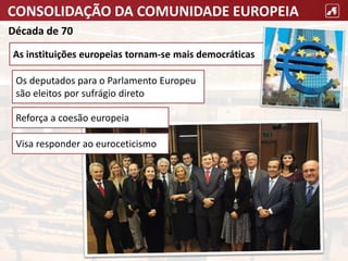 CONSOLIDAÇÃO DA COMUNIDADE EUROPEIA
Década de 70
As instituições europeias tornam-se mais democráticas
Os deputados para o Parlamento Europeu
são eleitos por sufrágio direto
Reforça a coesão europeia
Visa responder ao euroceticismo
 
