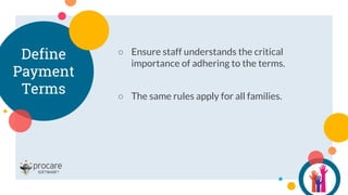 ○ Ensure staff understands the critical
importance of adhering to the terms.
○ The same rules apply for all families.
Define
Payment
Terms
 