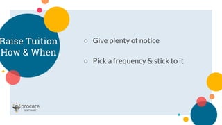 Raise Tuition
How & When
○ Give plenty of notice
○ Pick a frequency & stick to it
 