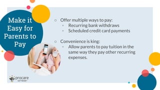○ Offer multiple ways to pay:
◦ Recurring bank withdraws
◦ Scheduled credit card payments
○ Convenience is king:
◦ Allow parents to pay tuition in the
same way they pay other recurring
expenses.
Make it
Easy for
Parents to
Pay
 