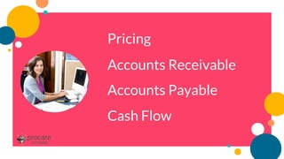 Pricing
Accounts Receivable
Accounts Payable
Cash Flow
 