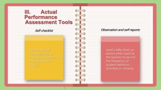 III. Actual
Performance
Assessment Tools
Self-checklist Observation and self-reports
a list of several
characteristics or
activities presented to
the subjects of a
study.
used a tally sheet as
device when used by
the teacher to record
the frequency of
student behavior,
activities or remarks.
 