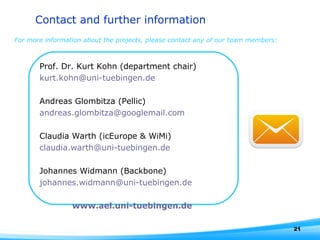 Contact and further information For more information about the projects, please contact any of our team members: Prof. Dr. Kurt Kohn (department chair) [email_address] Andreas Glombitza (Pellic) [email_address] Claudia Warth (icEurope & WiMi) [email_address] Johannes Widmann (Backbone) [email_address]   www.ael.uni-tuebingen.de   