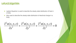  Laplace Equation is used to describe the steady state distribution of heat in
a body.
 Also used to describe the steady state distribution of electrical charge in a
body.
LAPLACE EQUATION:
0
),,(),,(),,(
2
2
2
2
2
2









z
zyxu
y
zyxu
x
zyxu
 