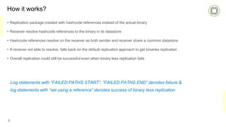 How it works?
• Replication package created with hashcode references instead of the actual binary
• Receiver resolve hashcode references to the binary in its datastore
• Hashcode references resolve on the receiver as both sender and receiver share a common datastore
• If receiver not able to resolve, falls back on the default replication approach to get binaries replicated
• Overall replication could still be successful even when binary less replication fails
3
Log statements with “FAILED PATHS START”, “FAILED PATHS END” denotes failure &
log statements with “set using a reference” denotes success of binary less replication
 