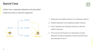 Special Case
Author has a separate datastore and all publish
instances share a common datastore
5
1. Designate one publish instance as a Gateway instance
2. Default replication to this gateway publish instance
3. Chain replicate from Gateway instance to all other
publish instances
4. This ensures the binaries are replicated to shared
datastore through the gateway instance before binary
less replication kicks in
 