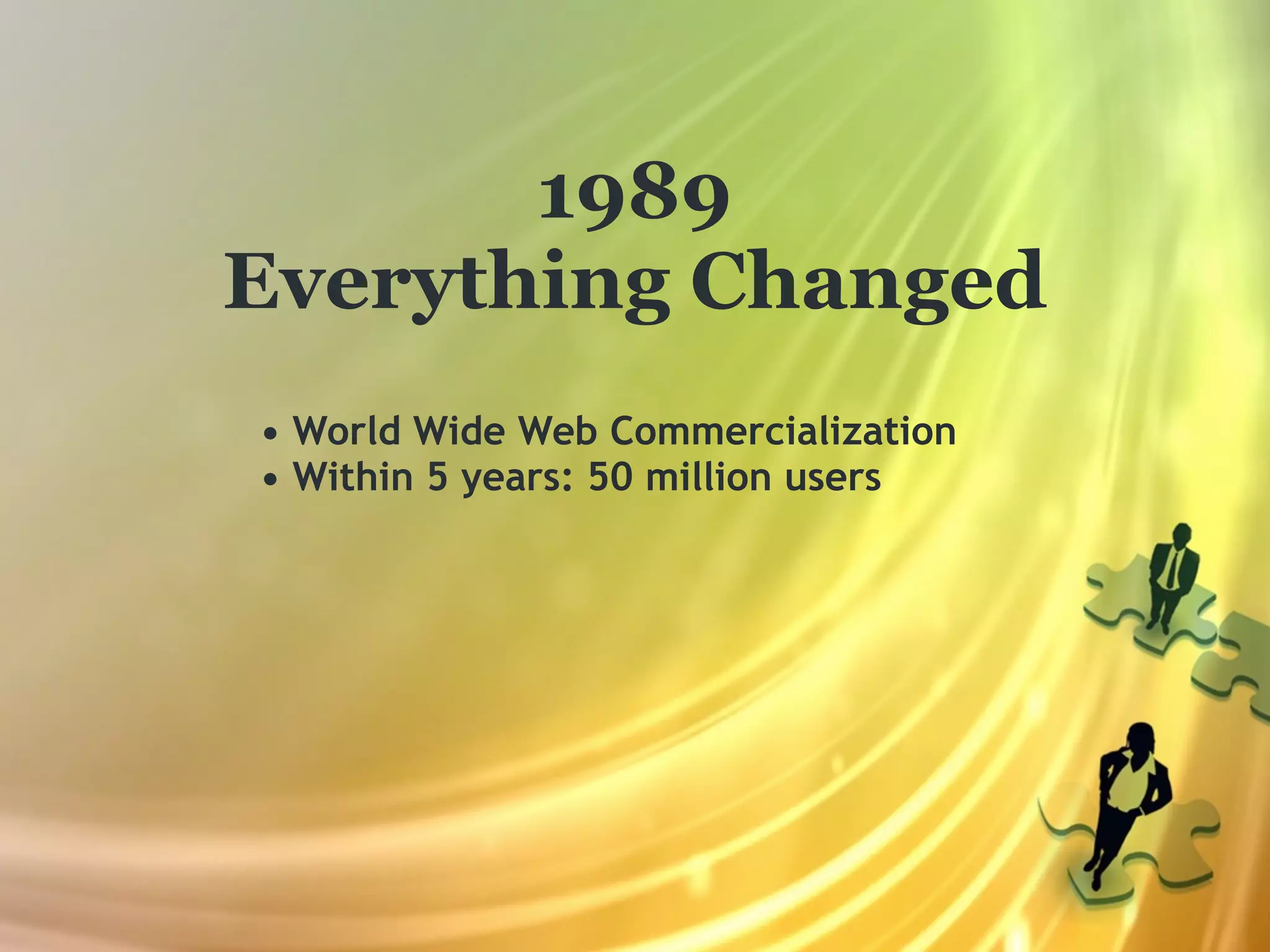 1989
Everything Changed
• World Wide Web Commercialization
• Within 5 years: 50 million users
 