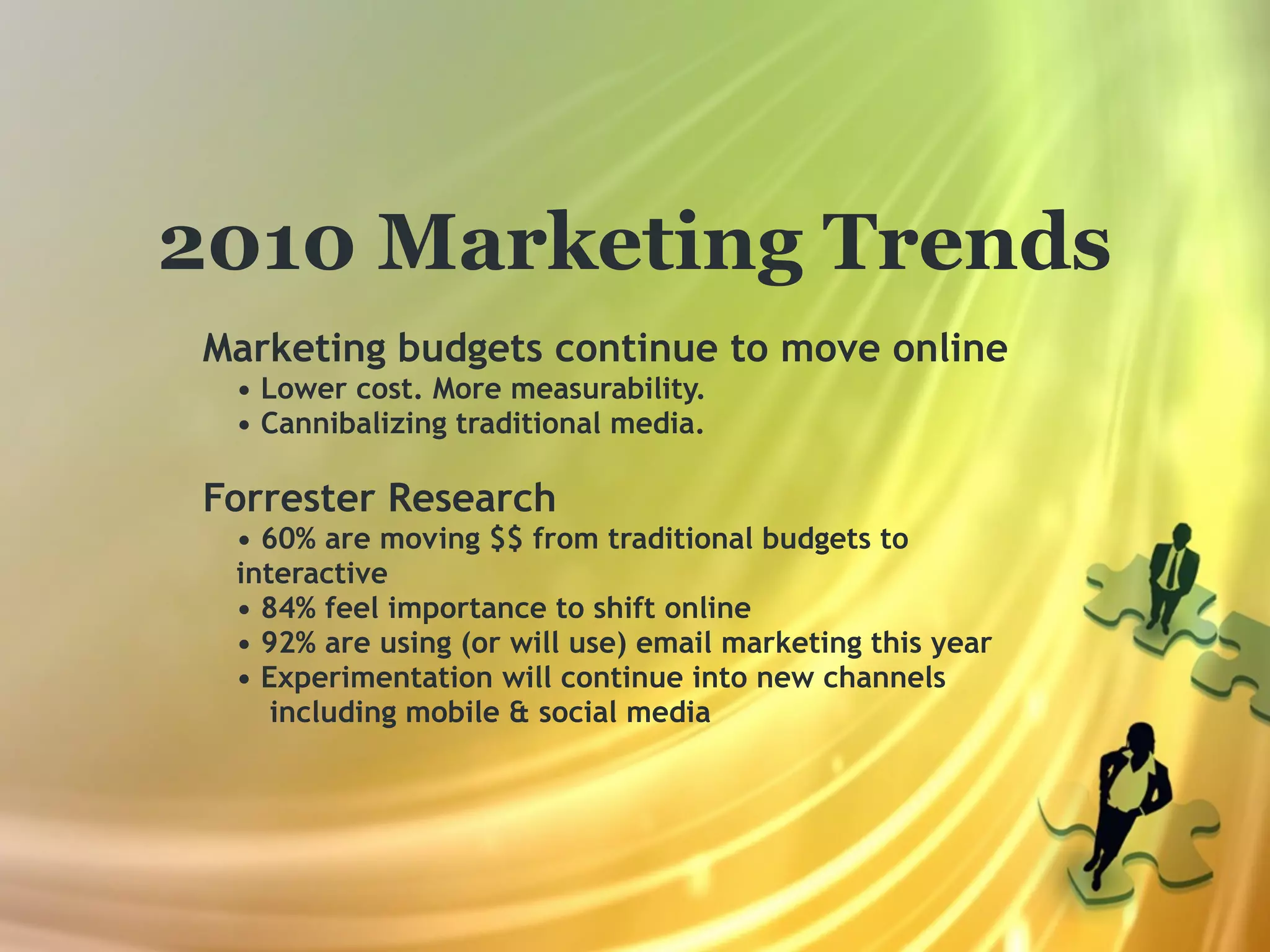 2010 Marketing Trends
 Marketing budgets continue to move online
  • Lower cost. More measurability.
  • Cannibalizing traditional media.

 Forrester Research
  • 60% are moving $$ from traditional budgets to
  interactive
  • 84% feel importance to shift online
  • 92% are using (or will use) email marketing this year
  • Experimentation will continue into new channels
     including mobile & social media
 