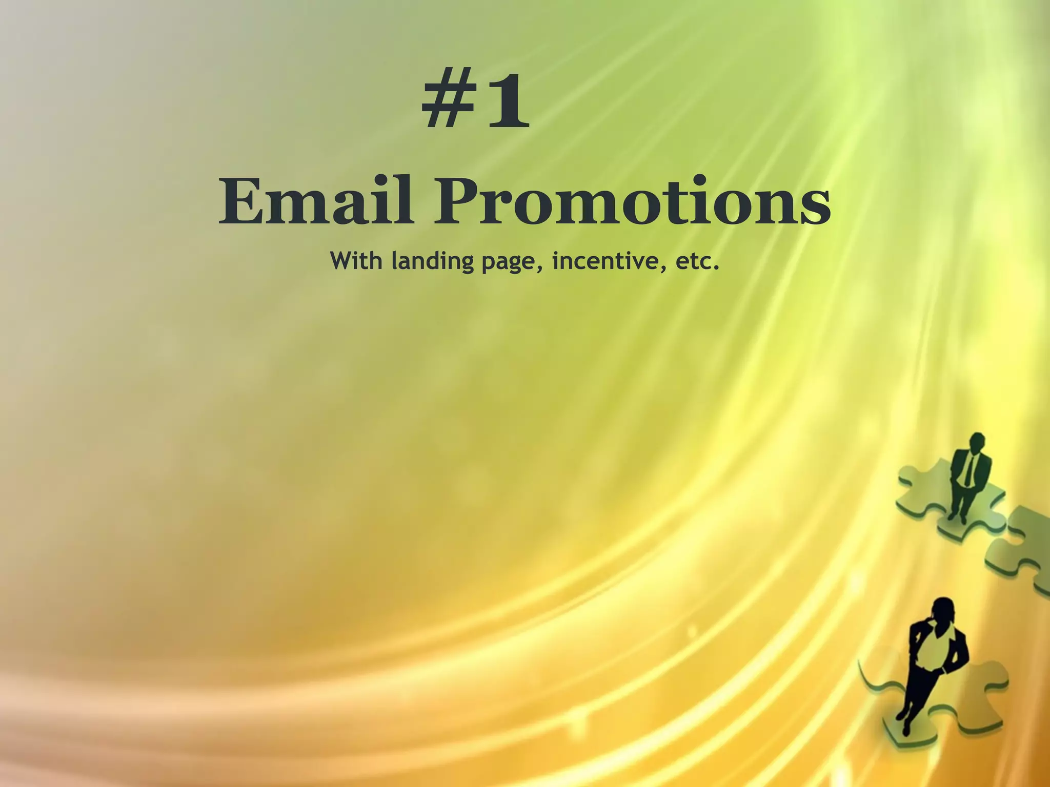 #1
Email Promotions
  With landing page, incentive, etc.
 