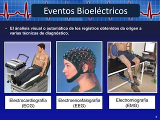 Indice
Electrocardiografía
(ECG)
Electroencefalografía
(EEG)
8
Electromiografía
(EMG)
• El ánalisis visual o automático de los registros obtenidos da origen a
varias técnicas de diagnóstico.
Eventos Bioeléctricos
 
