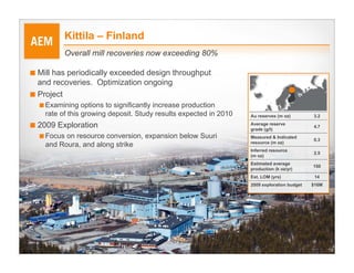 Kittila – Finland
          Overall mill recoveries now exceeding 80%

■ Mill has periodically exceeded design throughput
  and recoveries. Optimization ongoing
■ Project
  ■ Examining options to significantly increase production
    rate of this growing deposit. Study results expected in 2010   Au reserves (m oz)        3.2

■ 2009 Exploration                                                 Average reserve
                                                                   grade (g/t)
                                                                                             4.7

  ■ Focus on resource conversion, expansion below Suuri            Measured & Indicated
                                                                                             0.3
    and Roura, and along strike                                    resource (m oz)
                                                                   Inferred resource
                                                                                             2.5
                                                                   (m oz)
                                                                   Estimated average
                                                                                             150
                                                                   production (k oz/yr)
                                                                   Est. LOM (yrs)             14
                                                                   2009 exploration budget   $16M




                                                                                                    19
 