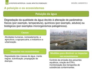 3.2 CATÁSTROFES ANTRÓPICAS – CAUSAS, IMPACTES E REMEDIAÇÃO MISSÃO: AMBIENTE 8
A poluição e os ecossistemas
Poluição da água
Degradação da qualidade da água devido à alteração de parâmetros
físicos (por exemplo, temperatura), químicos (por exemplo, adubos) ou
biológicos (por exemplos microrganismos patogénicos).
Causas
Atividades humanas, nomeadamente, a
agricultura, a agropecuária, a indústria e a
urbanização.
Impactes nos ecossistemas
Medidas para diminuir os impactes
nos ecossistemas
Degradação das massas de água, marés
negras, eutrofização, propagação de
doenças. Controlo da emissão dos poluentes
aquáticos, criação de ETA’s,
monitorização dos transportes de
substâncias contaminantes.
 