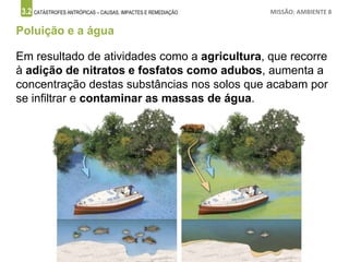 3.2 CATÁSTROFES ANTRÓPICAS – CAUSAS, IMPACTES E REMEDIAÇÃO MISSÃO: AMBIENTE 8
Poluição e a água
Em resultado de atividades como a agricultura, que recorre
à adição de nitratos e fosfatos como adubos, aumenta a
concentração destas substâncias nos solos que acabam por
se infiltrar e contaminar as massas de água.
 