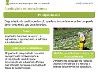 3.2 CATÁSTROFES ANTRÓPICAS – CAUSAS, IMPACTES E REMEDIAÇÃO MISSÃO: AMBIENTE 8
A poluição e os ecossistemas
Poluição do solo
Degradação da qualidade do solo que leva à sua deterioração com perda
de uma ou mais das suas funções.
Causas
Atividades humanas tais como, a
agricultura, a agropecuária, a indústria
e a urbanização.
Impactes nos ecossistemas
Medidas para diminuir os impactes
nos ecossistemas
Degradação da qualidade dos solos
com perda da biodiversidade e
diminuição da produtividade.
Acumulação de substâncias tóxicas
nos produtos agrícolas e formação de
focos de contaminação.
O tratamento adequado de resíduos
urbanos e industriais e o recurso a
práticas sustentáveis de agricultura.
 