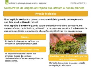 3.2 CATÁSTROFES ANTRÓPICAS – CAUSAS, IMPACTES E REMEDIAÇÃO MISSÃO: AMBIENTE 8
Catástrofes de origem antrópica que afetam o nosso planeta
Invasão biológica
Uma espécie exótica é a que ocorre num território que não corresponde à
sua área de distribuição natural.
Uma espécie é invasora quando ocupa um território de forma excessiva, em
área ou número de indivíduos, utilizando os recursos necessários à sobrevivência
das espécies locais e provocando alterações significativas nos ecossistemas.
Causas
A introdução de espécies exóticas que
revelam um comportamento invasor.
Impactes nos ecossistemas
Medidas para diminuir os impactes
nos ecossistemas
As espécies invasoras são um dos
principais fatores de perda de
biodiversidade da Terra e desequilíbrio dos
ecossistemas.
Controlo de espécies invasoras, criação
de legislação adequada.
 