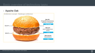 © 2016 Adobe Systems Incorporated. All Rights Reserved. Adobe Confidential.© 2016 Adobe Systems Incorporated. All Rights Reserved. Adobe Confidential. 20
Basic overview of technology tasks
 Apache Oak
 