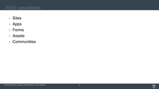 © 2016 Adobe Systems Incorporated. All Rights Reserved. Adobe Confidential.© 2016 Adobe Systems Incorporated. All Rights Reserved. Adobe Confidential. 6
AEM capabilities
 Sites
 Apps
 Forms
 Assets
 Communities
 