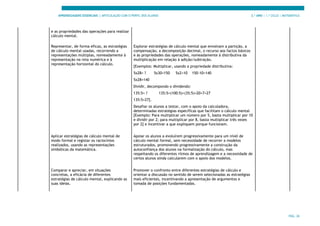 APRENDIZAGENS ESSENCIAIS | ARTICULAÇÃO COM O PERFIL DOS ALUNOS 3.º ANO | 1.º CICLO | MATEMÁTICA
PÁG. 26
e as propriedades das operações para realizar
cálculo mental.
Representar, de forma eficaz, as estratégias
de cálculo mental usadas, recorrendo a
representações múltiplas, nomeadamente à
representação na reta numérica e à
representação horizontal do cálculo.
Explorar estratégias de cálculo mental que envolvam a partição, a
compensação, a decomposição decimal, o recurso aos factos básicos
e às propriedades das operações, nomeadamente à distributiva da
multiplicação em relação à adição/subtração.
[Exemplos: Multiplicar, usando a propriedade distributiva:
5x28= ? 5x30=150 5x2=10 150-10=140
5x28=140
Dividir, decompondo o dividendo:
135:5= ? 135:5=(100:5)+(35:5)=20+7=27
135:5=27].
Desafiar os alunos a testar, com o apoio da calculadora,
determinadas estratégias específicas que facilitam o cálculo mental
[Exemplo: Para multiplicar um número por 5, basta multiplicar por 10
e dividir por 2; para multiplicar por 8, basta multiplicar três vezes
por 2] e incentivar a que expliquem porque funcionam.
Aplicar estratégias de cálculo mental de
modo formal e registar os raciocínios
realizados, usando as representações
simbólicas da matemática.
Apoiar os alunos a evoluírem progressivamente para um nível de
cálculo mental formal, sem necessidade de recorrer a modelos
estruturados, promovendo progressivamente a construção da
autoconfiança dos alunos na formalização do cálculo, mas
respeitando os diferentes ritmos de aprendizagem e a necessidade de
certos alunos ainda calcularem com o apoio dos modelos.
Comparar e apreciar, em situações
concretas, a eficácia de diferentes
estratégias de cálculo mental, explicando as
suas ideias.
Promover o confronto entre diferentes estratégias de cálculo e
orientar a discussão no sentido de serem selecionadas as estratégias
mais eficientes, incentivando a apresentação de argumentos e
tomada de posições fundamentadas.
 