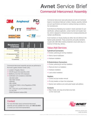 Avnet Service Brief
Commercial Interconnect Assembly
Commercial interconnect value-add products are built and inventoried
based on manufacturer listed part numbers. Likewise, assembly methods
and part specifications are based on catalog drawings provided by
the manufacturers.

n

Amphenol

n

n

n

n

n

ITT Interconnect Solutions

n
n

n

Value-Add Services

n

Molex

Avnet maintains an industry-leading low defect rate and adheres to the
highest quality standards. These productivity and quality standards,
coupled with a $60 million inventory investment, ensure same-day, to a
maximum of three-day, delivery.

Cylindrical Connectors

n

FCI

Contacts

Headers

n

3M Interconnect Solutions

D-Sub
Connectors

Manufacturers
& Services

Cylindrical
Connectors

Avnet Electronics Marketing has invested in robotic automation for part
identification, adhesive application, contact insertion and insulator insertion, which is deployed to minimize human error, increase productivity and
maintain cost efficiencies.

Samtec
TE Connectivity

n

>>	Contact,
n

n
n

n

n

n

>>	Shell

polarizing pin and key installation

or barrel modification

>>	Hardware

installation

D-Subminiature Connectors
Commercial interconnect assembly services are performed at
the Avnet Logistics Solution Center (LSC).

>>	Contact,
>>	Rivet

polarizing pin and key installation

and clinch nut installation

>>	Hardware

>>	 Located

in Nogales, Mexico
square foot assembly center
>>	 Staffed by more than 300 employees
>>	 Certification and compliance credentials:
- ISO-9001-2000
- ISO-14001 (Green)
- AS9100C
- MIL-I-45208
- International Traffic in Arms Regulations (ITAR)
- C-TPAT
- IPC J-STD-001 and IPC/WHMA-A-620
- UL and CSA
- British Standards Institute (BSI)
>>	 125,000

>>	Load

installation

contact installation

Headers
>>	Contact
>>	Pin

and dye insulator removal

strip headers cut down from strips/reels

>>	Ejection

latch additions and unshrouded header wall additions

Contacts
>>	Male,

female, wire wrap and printed circuit tails
cut from reel to bulk

Contact
For more information about commercial interconnect
assembly services available from Avnet, call 1-800-332-8638
or contact your local Avnet representative.
www.em.avnet.com
1-800-332-8638
AEM/CommInterconnectSB/08-13

© Avnet, Inc. 2013. AVNET and the AV logo are registered trademarks of Avnet, Inc. All other brands are the property of their respective owners.

 