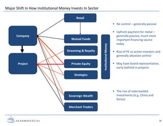  No control – generally passive
 Upfront payment for metal –
generally passive, much more
important financing source
today
 Rise of PE as active investors and
generally absolute control
 May have board representation,
early toehold in projects
 The rise of state backed
investments (e.g. China and
Korea)
10
Company
Project
Retail
Sovereign Wealth
InstitutionalMoney
Private Equity
Streaming & Royalty
Strategics
Merchant Traders
Mutual Funds
Major Shift In How Institutional Money Invests In Sector
 