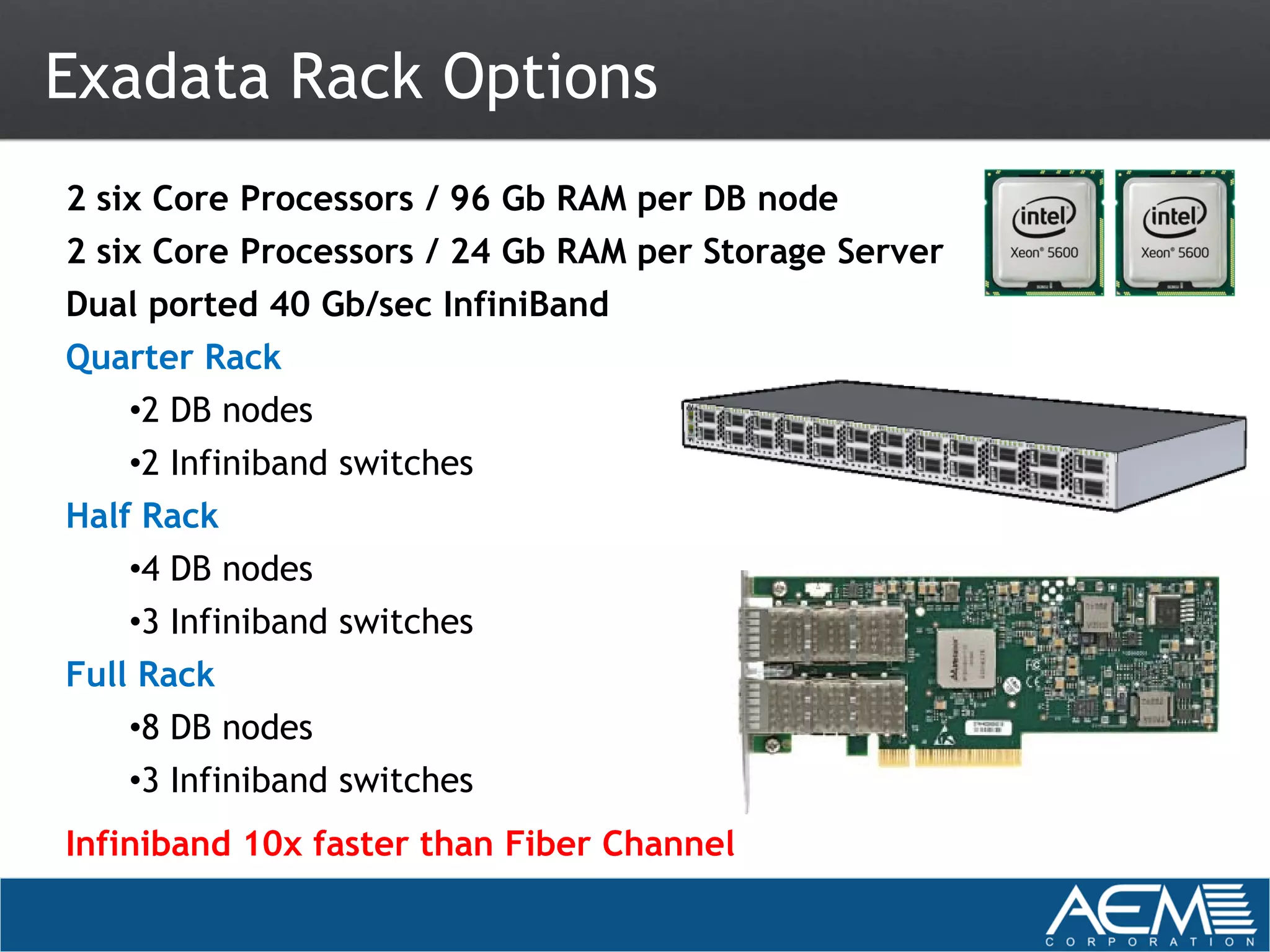 Exadata Rack Options
2 six Core Processors / 96 Gb RAM per DB node
2 six Core Processors / 24 Gb RAM per Storage Server
Dual ported 40 Gb/sec InfiniBand
Quarter Rack
   •2 DB nodes
   •2 Infiniband switches
Half Rack
   •4 DB nodes
   •3 Infiniband switches
Full Rack
   •8 DB nodes
   •3 Infiniband switches
Infiniband 10x faster than Fiber Channel
 