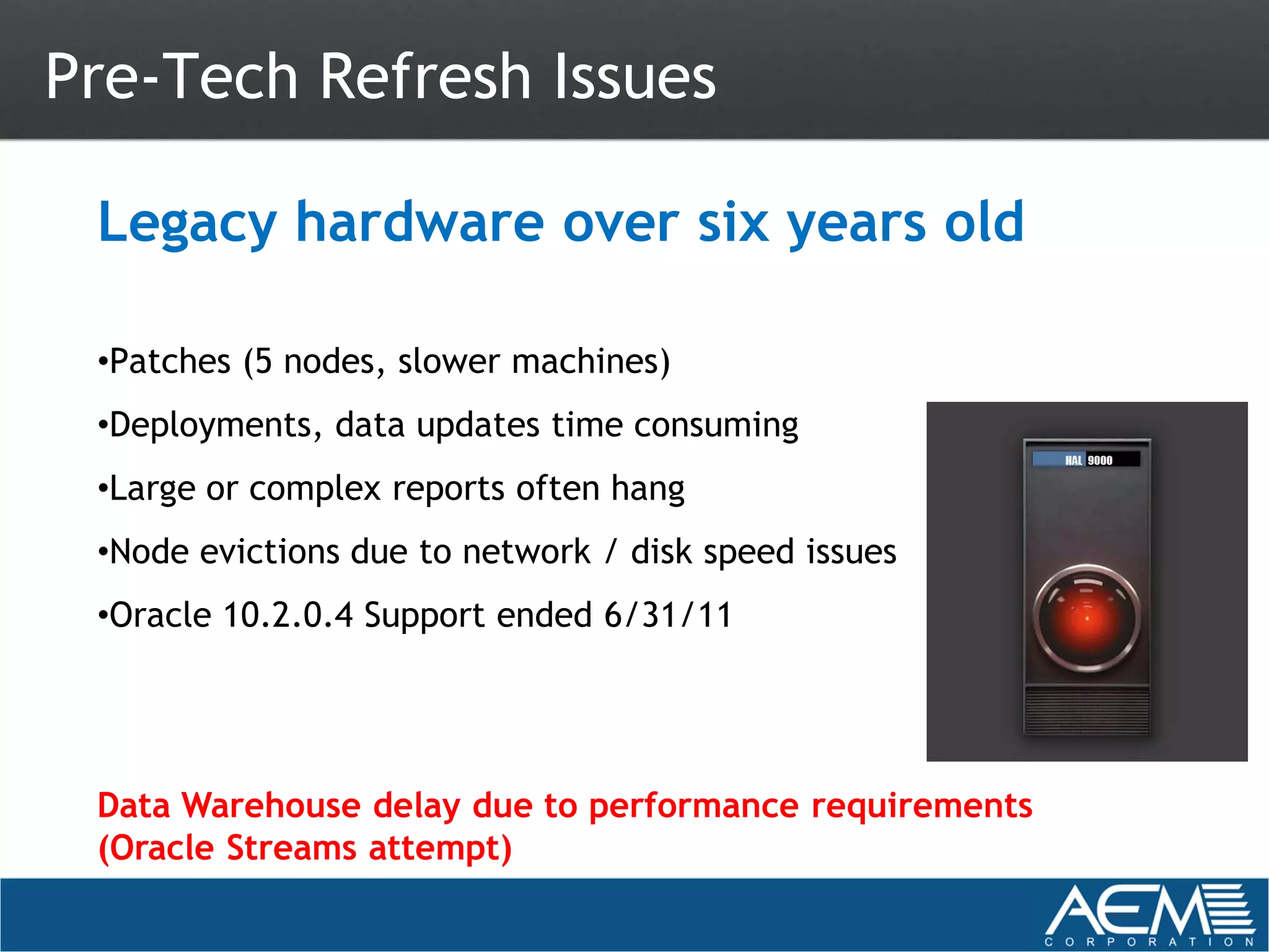 Pre-Tech Refresh Issues

 Legacy hardware over six years old

 •Patches (5 nodes, slower machines)
 •Deployments, data updates time consuming
 •Large or complex reports often hang
 •Node evictions due to network / disk speed issues
 •Oracle 10.2.0.4 Support ended 6/31/11




 Data Warehouse delay due to performance requirements
 (Oracle Streams attempt)
 