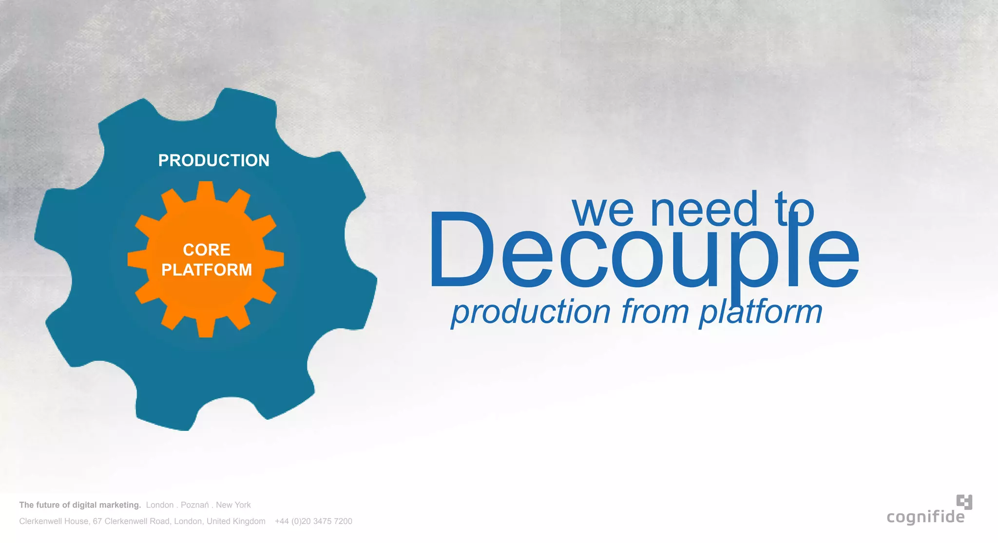 The future of digital marketing. London . Poznań . New York
Clerkenwell House, 67 Clerkenwell Road, London, United Kingdom +44 (0)20 3475 7200
PRODUCTION
CORE
PLATFORM
Decouple
we need to
production from platform
 