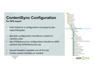 ContentSync Configuration
for DPS export
• Folio linked to a configuration via property dps‐
exportTemplate
• dps‐folio configuration transforms content in 
<article>.folio 
• dps‐HTMLResources configuration transforms AEM 
content into HTMLResources.zip
• Several handlers available out of the box
• Create custom handlers as needed
 