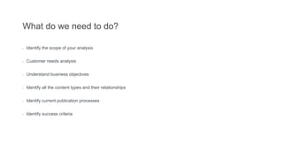 What do we need to do?
- Identify the scope of your analysis
- Customer needs analysis
- Understand business objectives
- Identify all the content types and their relationships
- Identify current publication processes
- Identify success criteria
 