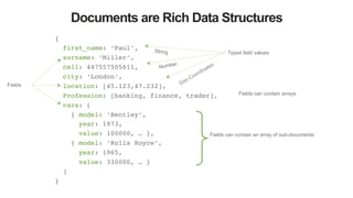 Documents are Rich Data Structures
{ !
first_name: ‘Paul’,!
surname: ‘Miller’,!
cell: 447557505611, !
city: ‘London’,!
location: [45.123,47.232],!
Profession: [banking, finance, trader],!
cars: [ !
{ model: ‘Bentley’,!
year: 1973,!
value: 100000, … },!
{ model: ‘Rolls Royce’,!
year: 1965,!
value: 330000, … }!
]!
}!
Fields can contain an array of sub-documents
Fields
Fields can contain arrays
Typed field valuesString
Number
 