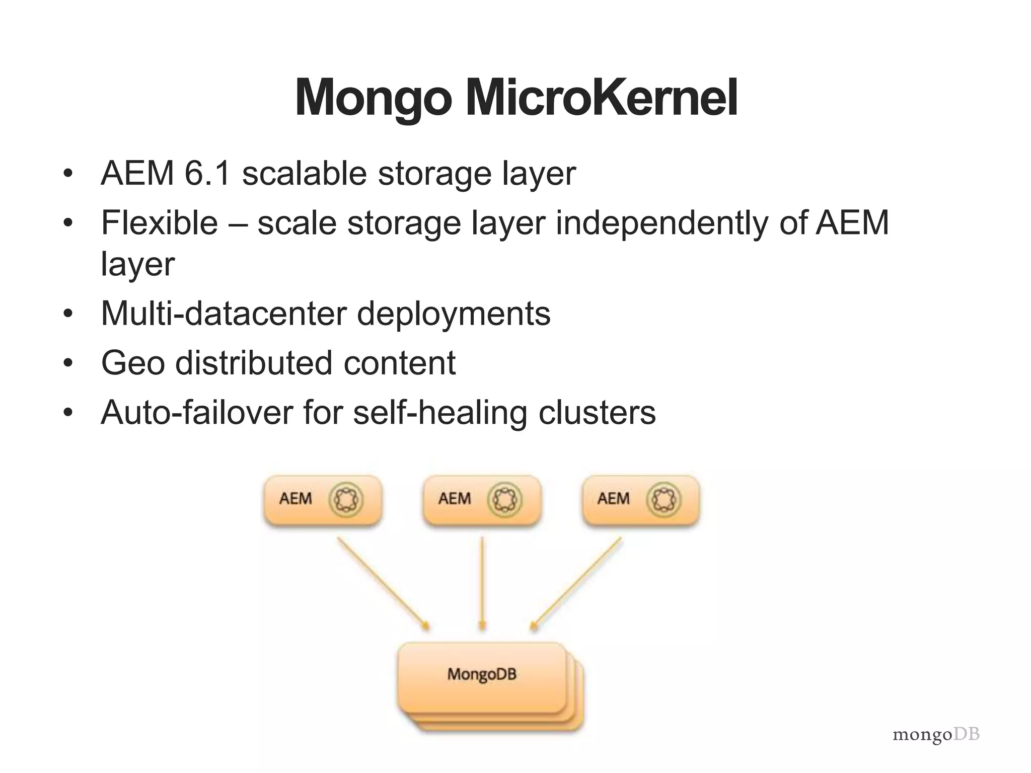 Mongo MicroKernel
• AEM 6.1 scalable storage layer
• Flexible – scale storage layer independently of AEM
layer
• Multi-datacenter deployments
• Geo distributed content
• Auto-failover for self-healing clusters
 