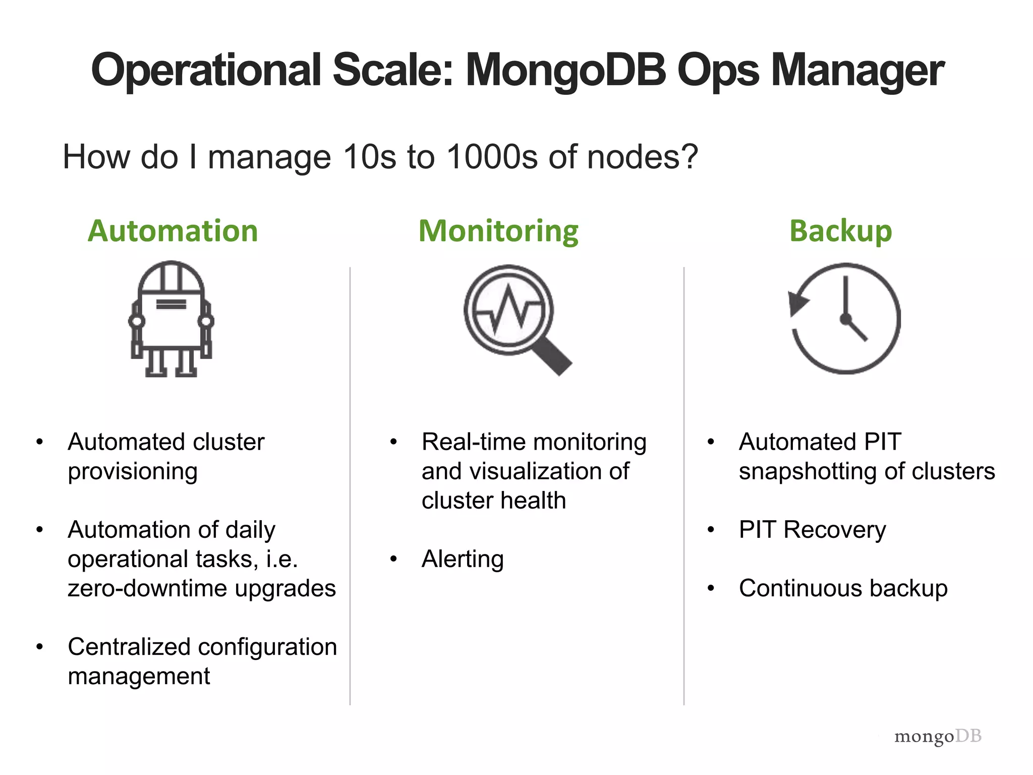 Operational Scale: MongoDB Ops Manager
How do I manage 10s to 1000s of nodes?
• Real-time monitoring
and visualization of
cluster health
• Alerting
• Automated cluster
provisioning
• Automation of daily
operational tasks, i.e.
zero-downtime upgrades
• Centralized configuration
management
• Automated PIT
snapshotting of clusters
• PIT Recovery
• Continuous backup
Automation Monitoring Backup
 