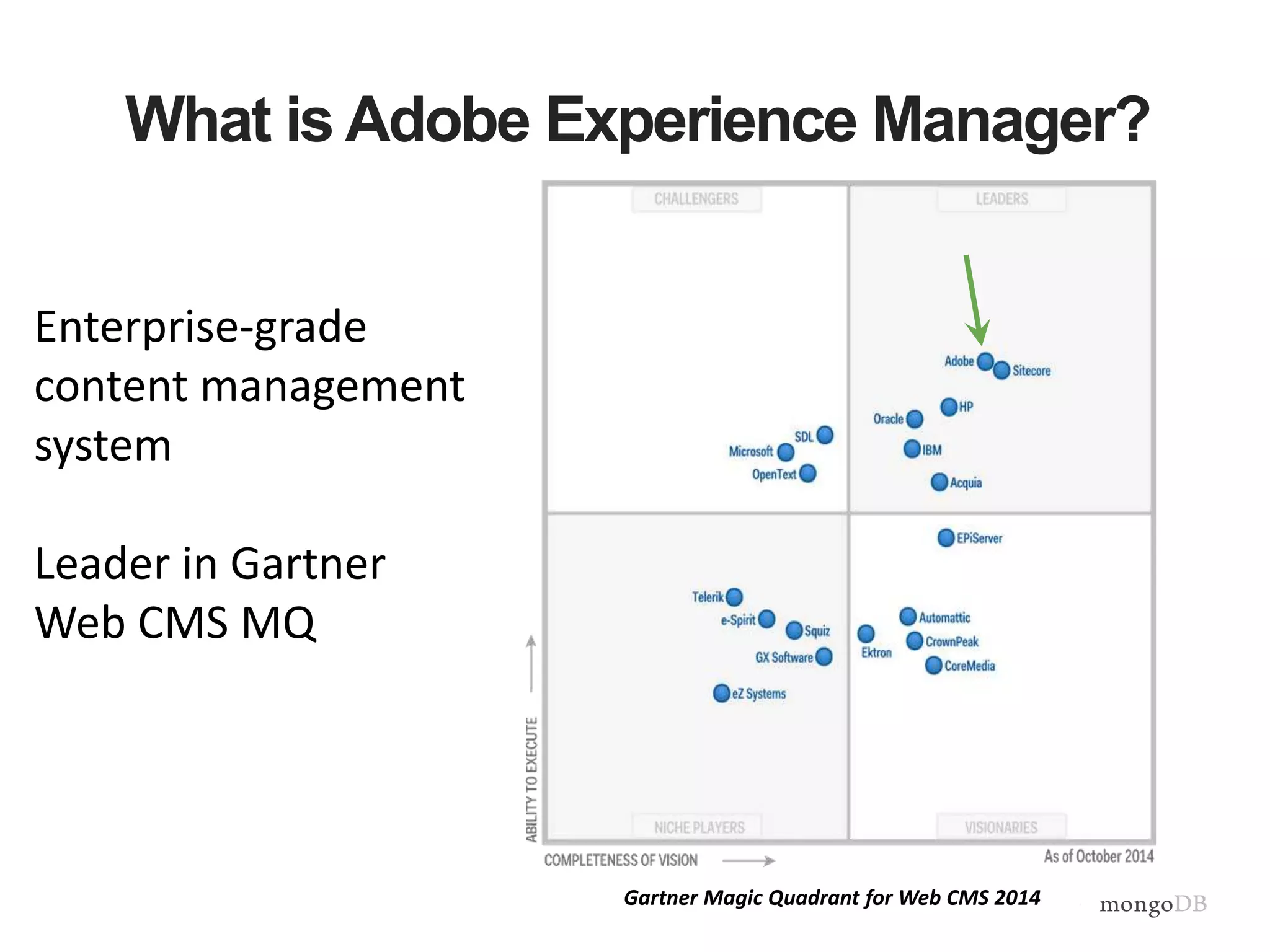 What is Adobe Experience Manager?
Enterprise-grade
content management
system
Leader in Gartner
Web CMS MQ
Gartner Magic Quadrant for Web CMS 2014
 