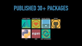 PUBLISHED 30+ PACKAGES
PUPPET FORGE RUBYGEMS.ORG MAVEN CENTRAL GITHUB
PYPI NPM CHEF SUPERMARKET
 