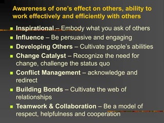 Awareness of one’s effect on others, ability to
work effectively and efficiently with others
 Inspirational – Embody what you ask of others
 Influence – Be persuasive and engaging
 Developing Others – Cultivate people’s abilities
 Change Catalyst – Recognize the need for
change, challenge the status quo
 Conflict Management – acknowledge and
redirect
 Building Bonds – Cultivate the web of
relationships
 Teamwork & Collaboration – Be a model of
respect, helpfulness and cooperation
 