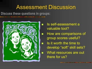 Assessment Discussion
 Is self-assessment a
valuable tool?
 How are comparisons of
group scores useful?
 Is it worth the time to
develop “soft” skill sets?
 What resources are out
there for us?
Discuss these questions in groups:
 