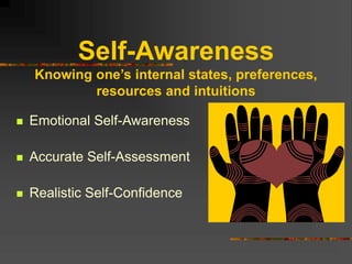 Self-Awareness
Knowing one’s internal states, preferences,
resources and intuitions
 Emotional Self-Awareness
 Accurate Self-Assessment
 Realistic Self-Confidence
 