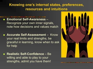 Knowing one’s internal states, preferences,
resources and intuitions
 Emotional Self-Awareness –
Recognize your own inner signals,
note how decisions and values match
 Accurate Self-Assessment – Know
your real limits and strengths, be
graceful in learning, know when to ask
for help
 Realistic Self-Confidence – Be
willing and able to play to your
strengths, admit you have them!
 