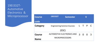 19EI332T-
Automotive
Electronics &
Microprocessor Course
code
19EI332T Semester V
Category Engineering Science Courses
(ESC)
L T P C
Course
Name
AUTOMOTIVE ELECTRONICS AND
MICROPROCESSORS
3 0 0 3
 
