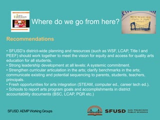 Where do we go from here?
Recommendations
• SFUSD’s district-wide planning and resources (such as WSF, LCAP, Title I and
PEEF) should work together to meet the vision for equity and access for quality arts
education for all students.
• Strong leadership development at all levels: A systemic commitment.
• Strengthen curricular articulation in the arts; clarify benchmarks in the arts;
communicate existing and potential sequencing to parents, students, teachers,
principals.
• Fresh opportunities for arts integration (STEAM, computer ed., career tech ed.).
• Schools to report arts program goals and accomplishments in district
accountability documents (BSC, LCAP, PQR etc.)
SFUSD AEMPWorkingGroups
 