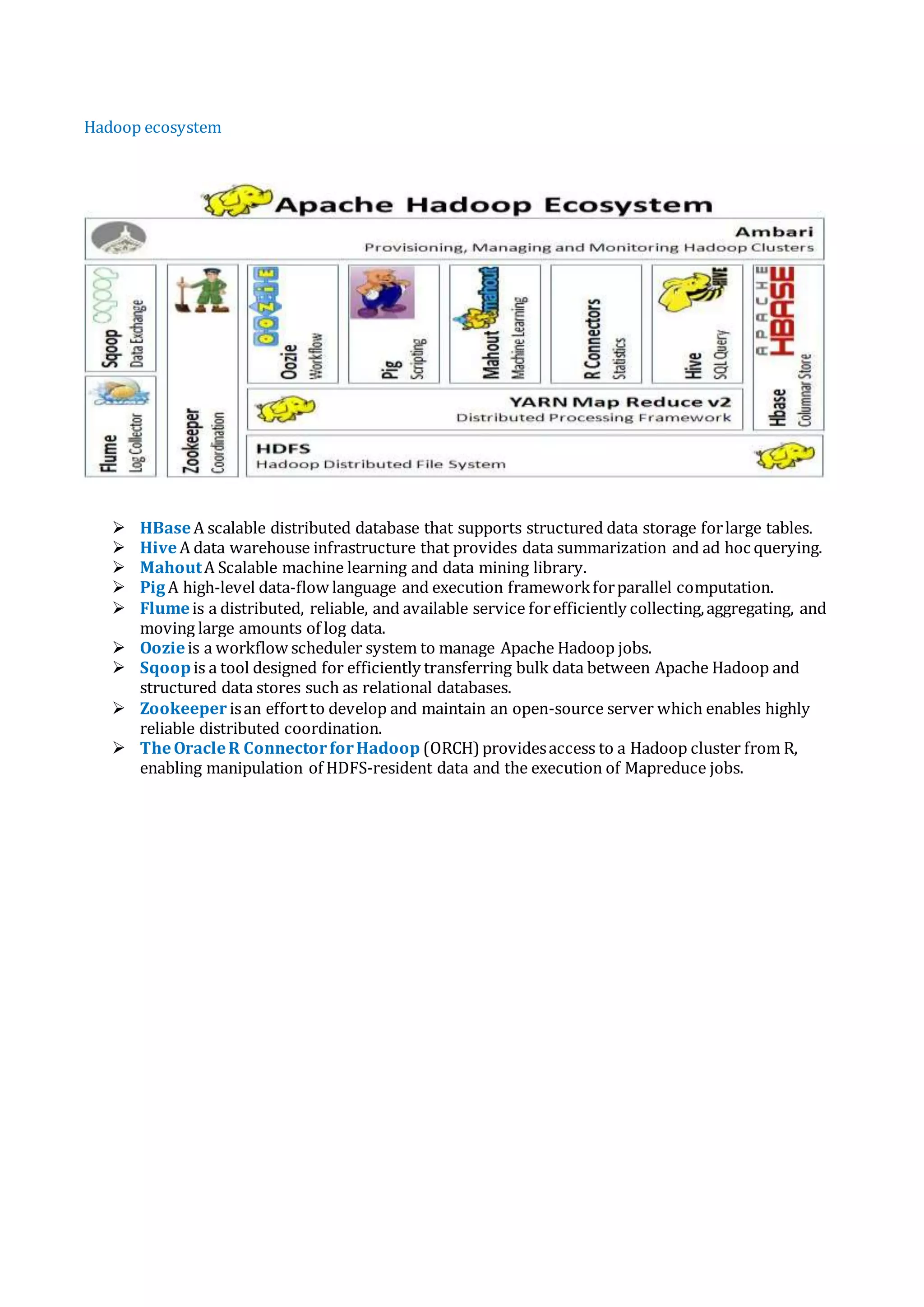 Hadoop ecosystem
 HBaseA scalable distributed database that supports structured data storage forlarge tables.
 HiveA data warehouse infrastructure that provides data summarization and ad hoc querying.
 MahoutA Scalable machine learning and data mining library.
 PigA high-level data-flow language and execution frameworkforparallel computation.
 Flumeis a distributed, reliable, and available service forefficiently collecting,aggregating, and
moving large amounts of log data.
 Oozieis a workflow scheduler system to manage Apache Hadoop jobs.
 Sqoopis a tool designed for efficiently transferring bulk data between Apache Hadoop and
structured data stores such as relational databases.
 Zookeeper isan effortto develop and maintain an open-source server which enables highly
reliable distributed coordination.
 TheOracleR ConnectorforHadoop (ORCH) providesaccess to a Hadoop cluster from R,
enabling manipulation of HDFS-resident data and the execution of Mapreduce jobs.
 
