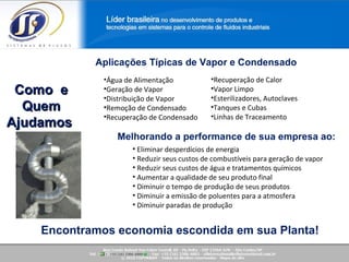 Como  e Quem Ajudamos  Aplicações Típicas de Vapor e Condensado  Melhorando a performance de sua empresa ao:  Água de Alimentação Geração de Vapor Distribuição de Vapor Remoção de Condensado Recuperação de Condensado Recuperação de Calor Vapor Limpo Esterilizadores, Autoclaves Tanques e Cubas Linhas de Traceamento Eliminar desperdícios de energia  Reduzir seus custos de combustíveis para geração de vapor Reduzir seus custos de água e tratamentos químicos Aumentar a qualidade de seu produto final Diminuir o tempo de produção de seus produtos Diminuir a emissão de poluentes para a atmosfera  Diminuir paradas de produção Encontramos economia escondida em sua Planta! 
